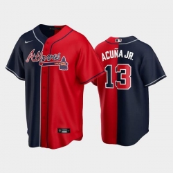 Men Atlanta Braves 13 Ronald Acuna Jr  Navy Red Split Cool Base Stitched Baseball Jersey