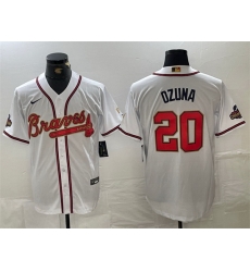 Men Atlanta Braves 20 Marcell Ozuna White Gold World Series Champions Cool Base Stitched Baseball Jersey