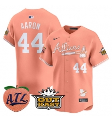 Men Atlanta Braves 44 Hank Aaron Peach 2024 Atliens  26 Peach With Outkast Patch Vapor Limited Stitched Baseball Jersey