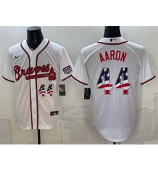 Men Atlanta Braves  44 Hank Aaron White USA 250 Fourth of July Home Stadium Stitched Baseball Jersey
