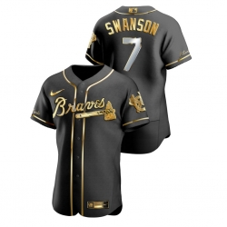 Men Atlanta Braves 7 Dansby Swanson Black Gold 2020 Nike Flexbase Jersey