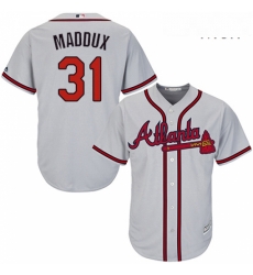 Mens Majestic Atlanta Braves 31 Greg Maddux Replica Grey Road Cool Base MLB Jersey