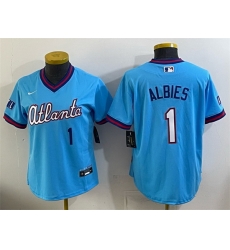 Women Atlanta Braves  1 Ozzie Albies Powder Blue 2026 City Connect Stadium Stitched Baseball Jersey  