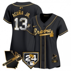 Women Atlanta Braves 13 Ronald Acu F1a Jr  Black Gold 2024 Spring Training  26 Georgia Patch Vapor Limited Stitched Baseball Jersey 