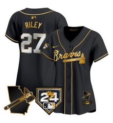Women Atlanta Braves 27 Austin Riley Black Gold 2024 Spring Training  26 Georgia Patch Vapor Limited Stitched Baseball Jersey 