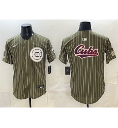 Men Chicago Cubs Team Big Logo Pinstripe Olive 2026 Armed Forces Day Salute To Service Stitched Baseball Jersey
