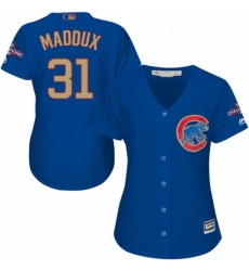 Womens Majestic Chicago Cubs 31 Greg Maddux Authentic Royal Blue 2017 Gold Champion MLB Jersey