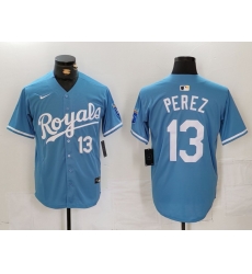 Men Kansas City Royals 13 Salvador Perez Light Blue Cool Base Stitched Jersey 2