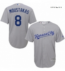 Mens Majestic Kansas City Royals 8 Mike Moustakas Replica Grey Road Cool Base MLB Jersey