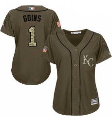 Womens Majestic Kansas City Royals 1 Ryan Goins Replica Green Salute to Service MLB Jersey 