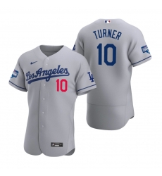 Men Los Angeles Dodgers 10 Justin Turner Gray 2020 World Series Champions Road Flex Base Jersey