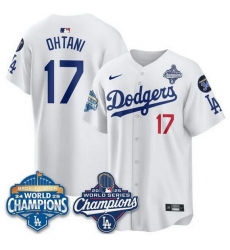 Men Los Angeles Dodgers 17 Shohei Ohtani White 2025 World Series Champions  26 Back to Back Champions With No 34 Patch Limited Stitched Baseball Jersey