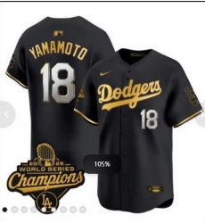 Men Los Angeles Dodgers 18  Yoshinobu Yamamoto Black 2025 World Series Champions Patch Cool Base Stitched Baseball Jersey