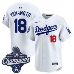 Men Los Angeles Dodgers 18 Yoshinobu Yamamoto White 2025 World Series Champions Patch Home Limited Stitched Baseball Jersey