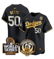 Men Los Angeles Dodgers  50 Mookie Betts Black Gold Fernando Valenzuela   2024 World Series Patch Limited Stitched Baseball Jersey