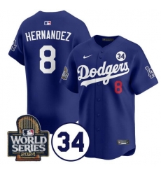 Men Los Angeles Dodgers 8 Enrique Hernandez Royal 2024 World Series With No  34 Patch Limited Stitched Baseball Jersey