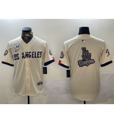 Men Los Angeles Dodgers Team Big Logo Cream 2024 World Series With No  34 Patch Limited Stitched Baseball Jersey 1