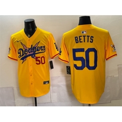 Men Los Angeles Dodgers x One Piece  50 Mookie Betts Yellow Vapor Premier Limited Stitched Baseball Jersey