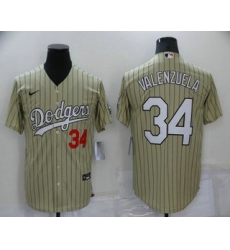 Men's Los Angeles Dodgers #34 Fernando Valenzuela Cream Pinstripe Stitched MLB Cool Base Nike Jersey