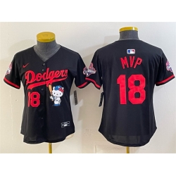 Women Los Angeles Dodgers  18 MVP Black Hello Kitty Night 2025 World Series Champions Patch Stitched Baseball Jersey  
