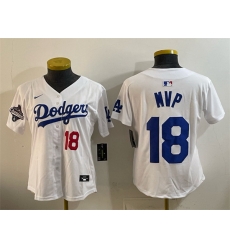 Women Los Angeles Dodgers 18 MVP White 2025 World Series Champions Patch Limited Stitched Baseball Jersey Women Los Angeles Dodgers 18 MVP White 2025 World Series Champions Patch Limited Stitched Baseball Jersey