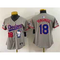 Women Los Angeles Dodgers  18 Yoshinobu Yamamoto Grey Hello Kitty Night 2025 World Series Champions Patch Stitched Baseball Jersey  