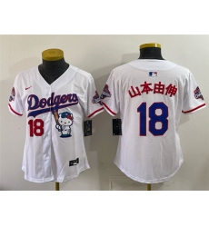 Women Los Angeles Dodgers  18 Yoshinobu Yamamoto White Hello Kitty Night 2025 World Series Champions Patch Stitched Baseball Jersey  