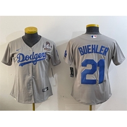 Women Los Angeles Dodgers 21 Walker Buehler Grey 2024 World Series Cool Base Stitched Baseball Jersey 