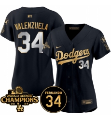 Women Los Angeles Dodgers 34 Fernando Valenzuela Black Gold 2024 World Series Champions  26 Fernando Memorial Patch Limited Stitched Baseball Jersey 28Run 