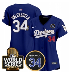 Women Los Angeles Dodgers 34 Fernando Valenzuela Royal 2024 World Series  26 Fernando Memorial Patch Limited Stitched Baseball Jersey 28Run Small 29