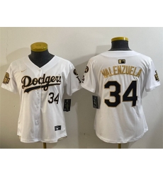 Women Los Angeles Dodgers 34 Toro Valenzuela White Gold 2024 World Series With Fernando Memorial Patch Home Limited Stitched Baseball Jersey 