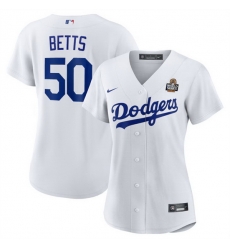 Women Los Angeles Dodgers 50 Mookie Betts White 2024 World Series Cool Base Stitched Baseball Jersey