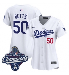 Women Los Angeles Dodgers 50 Mookie Betts White 2025 World Series Champions Home Cool Base Stitched Baseball Jersey Women Los Angeles Dodgers 50 Mookie Betts White 2025 World Series Champions Home Cool Base Stitched Baseball Jersey