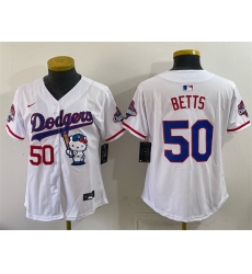 Women Los Angeles Dodgers  50 Mookie Betts White Hello Kitty Night 2025 World Series Champions Patch Stitched Baseball Jersey  