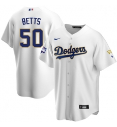 Women Los Angeles Dodgers Mookie Betts 50 Championship Gold Trim White Limited All Stitched Cool Base Jersey