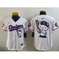 Women Los Angeles Dodgers Team Big Logo White Hello Kitty Night 2025 World Series Champions Patch Stitched Baseball Jersey  