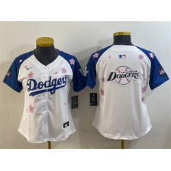 Women Los Angeles Dodgers Team Big Logo White Royal 2025 Tokyo Series Limited Stitched Baseball Jersey 002