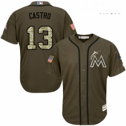 Mens Majestic Miami Marlins 13 Starlin Castro Replica Green Salute to Service MLB Jersey 