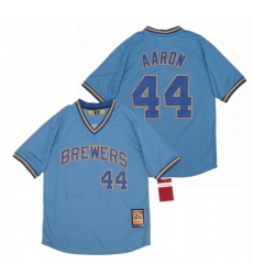 Men Hank Aaron #44 Milwaukee Brewers Jersey Mitchell Ness Blue