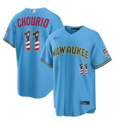 Men Milwaukee Brewers 11 Jackson Chourio Blue 2026 USA 250 Fourth of July Home Stadium Stitched Baseball Jersey Men Milwaukee Brewers 11 Jackson Chourio Blue 2026 USA 250 Fourth of July Home Stadium Stitched Baseball Jersey