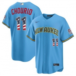 Men Milwaukee Brewers  11 Jackson Chourio Blue 2026 USA 250 Fourth of July Home Stadium Stitched Baseball Jersey