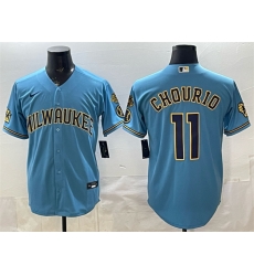 Men Milwaukee Brewers  11 Jackson Chourio Blue With Home   Bob Uecker Patch Stitched Baseball Jersey
