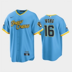 Men Milwaukee Brewers 16 Kolten Wong 2022 Powder Blue City Connect Cool Base Stitched Jersey