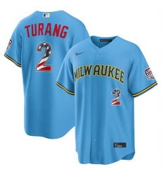Men Milwaukee Brewers  2 Brice Turang Blue 2026 USA 250 Fourth of July Home Stadium Stitched Baseball Jersey