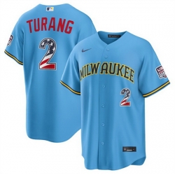 Men Milwaukee Brewers  2 Brice Turang Blue 2026 USA 250 Fourth of July Home Stadium Stitched Baseball Jersey
