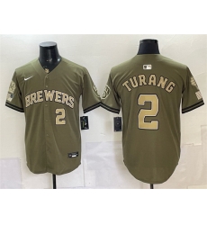 Men Milwaukee Brewers  2 Brice Turang Olive 2026 Armed Forces Day Stitched Baseball Jersey