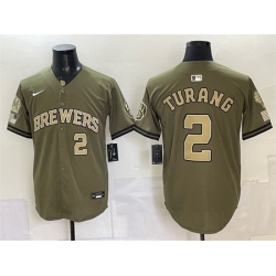 Men Milwaukee Brewers  2 Brice Turang Olive 2026 Armed Forces Day Stitched Baseball Jersey