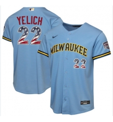 Men Milwaukee Brewers 22 Christian Yelich Blue 2026 USA 250 Fourth of July Home Stadium Stitched Baseball Jersey