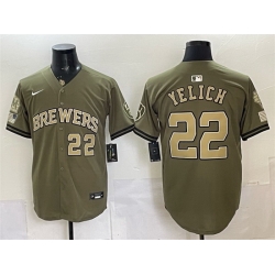 Men Milwaukee Brewers  22 Christian Yelich Olive 2026 Armed Forces Day Stitched Baseball Jersey