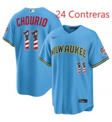 Men Milwaukee Brewers 24 William Contreras Blue 2026 USA 250 Fourth of July Home Stadium Stitched Baseball Jersey